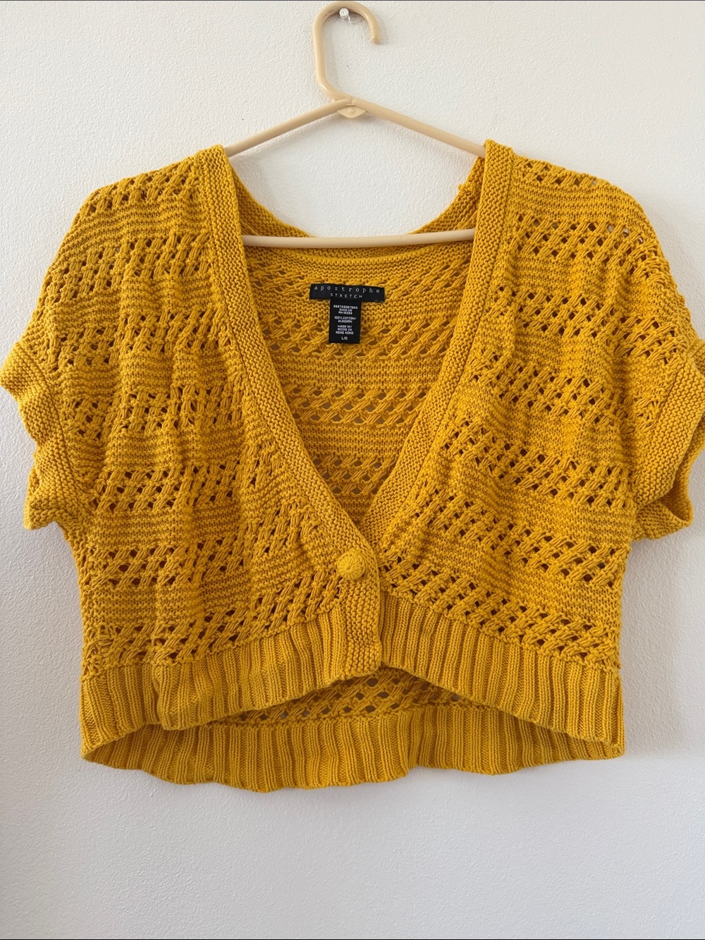 100% Cotton Knit Short Sleeve Cropped Cardigan - Mustard Yellow